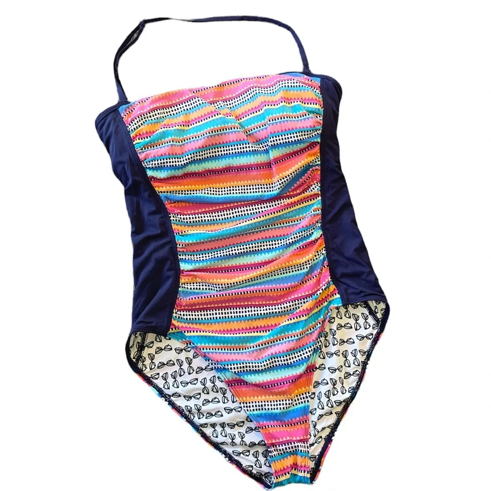 Anne Cole Stripe One Piece Bandeau Swimsuit Sz 10 Triangle Side Multicolor - Picture 4 of 14